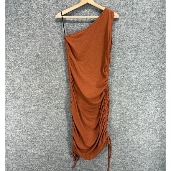 SheIn Dress Women L Large Brown Shift Midi One Shoulder Sleeveless Stretch - Picture 2 of 7